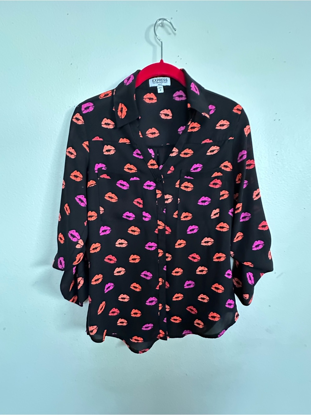 Express Black Button-Down Shirt with Pink & Orange Lip Print